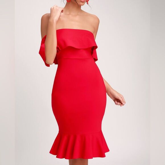 LULUS SIZE MEDIUM CONFIDENCE BOOST RED OFF THE SHOULDER BODYCON DRESS - Picture 1 of 7
